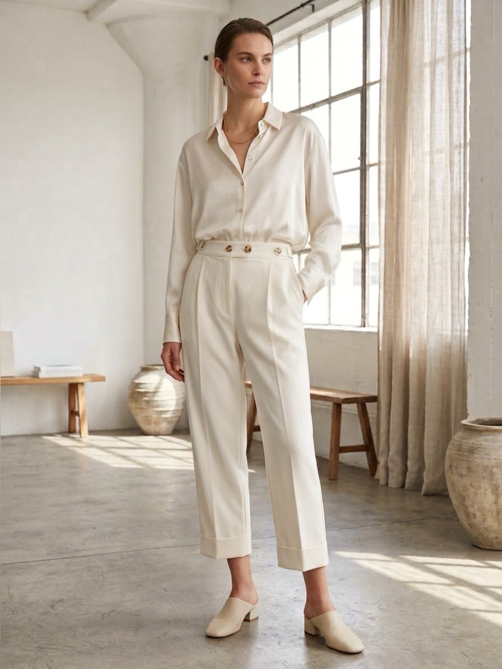 Club Monaco Cream Wool Wide Leg Pleated High Waist Trousers - US 6